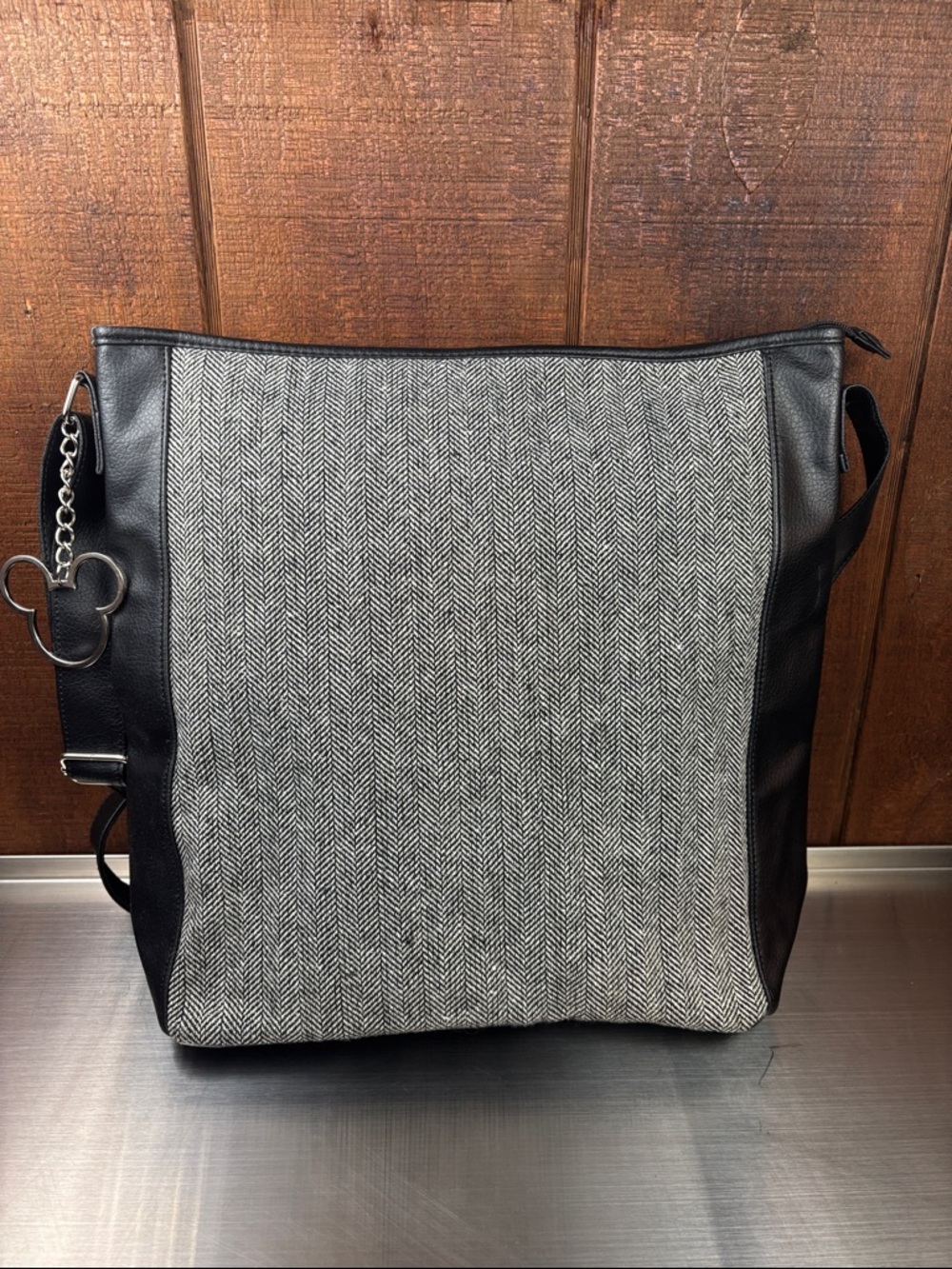 Disney Parks Black and Gray Herringbone Crossbody Tote w/ Top Zip Closure